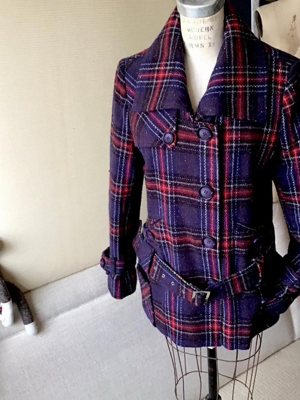 Nicole Miller Purple Plaid Double-Breasted Belted Pea Coat